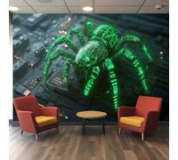 Papier peint 3d, Design de Circuit Numérique d'Araignée avec Traces PCB Vertes & Puces, pour Décoration Murale Techno Salle de Jeu