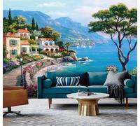 Papier Peint 3D Dessin À La Main Belle Architecture Paysage Méditerranéen | Facile à Installer Cette Décoration Luxueuse Est Idéale Pour un Bureau Salon une Chambre ou Mur Derrière le TV-400cm×280cm