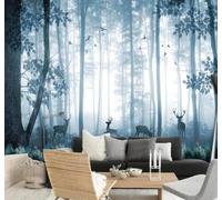 Papier Peint 3D Dessin À La Main Bleu Élan Forêt Paysage | Facile à Installer Cette Décoration Luxueuse Est Idéale Pour un Bureau Salon une Chambre ou Mur Derrière le TV-300cm×210cm