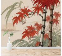 Papier Peint 3D Dessin À La Main Encre De Chine Feuilles D'Érable Rouges | Autocollants Décoratifs Haut de Gamme Adaptés à Tous les Murs Des Restaurants Canapés Salons et Chambres Coucher-200cm×140cm