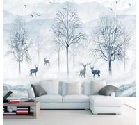 Papier Peint 3D Dessin À La Main Sommets Arbres Élans Paysage | Facile à Installer Cette Décoration Luxueuse Est Idéale Pour un Bureau Salon une Chambre ou Mur Derrière le TV-150cm×105cm