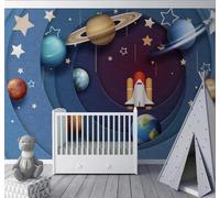 Papier Peint 3D Dessin Animé Espace Planète Étoiles Fusée | Facile à Installer Cette Décoration Luxueuse Est Idéale Pour un Bureau Salon une Chambre ou Mur Derrière le TV-300cm×210cm