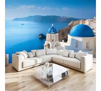 Papier Peint 3D Effet Panoramique Photo Mural 200 x 140 cm Attractions Touristiques Grèce Lacs Architecture Papier Peint Tapisserie Poster Panoramique Salon Chambre D'Enfants Décoration Murale, Bleu