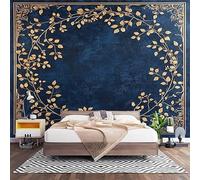 Papier Peint 3D Effet Panoramique Photo Muraux 200x140 cm, Poster Intissé Mural Motif VéGéTal Doré Geant Mural Salon Chambre D'enfants Restaurant Décoration Murale, Bleu Foncé