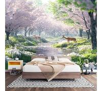Papier Peint 3D Effet Panoramique Photo Muraux 250x175 cm, Poster Intissé Mural Cerf Aux Fleurs de Cerisier Roses Geant Mural Salon Chambre D'enfants Restaurant Décoration Murale, Paysages naturels