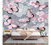 Papier Peint 3D Effet Panoramique Photo Muraux 250x175 cm, Poster Intissé Mural Imprimé Papillon Rose Geant Mural Salon Chambre D'enfants Restaurant Décoration Murale, Gris