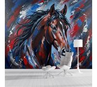 Papier Peint 3D Effet Panoramique Photo Muraux 250X175Cm, Poster Mural Graffiti Abstrait Cheval Noir Animal Dessiné À La Main Geant Mural Salon Chambre D'Enfants Décoration Murale, Rouge Bleu