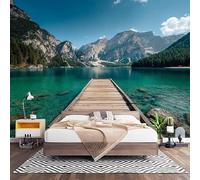 Papier Peint 3D Effet Panoramique Photo Muraux 300x210 cm, Poster Intissé Mural Nature Pont de Bois Lac Montagne Geant Mural Salon Chambre D'enfants Restaurant Décoration Murale, Paysage