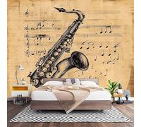 Papier Peint 3D Effet Panoramique Photo Muraux 300x210 cm, Poster Intissé Mural Saxophone Et Notes de Musique DessinéS à La Main Geant Mural Salon Chambre D'enfants Restaurant Murale, Marron Vintage