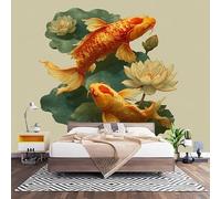 Papier Peint 3D Effet Panoramique Photo Muraux 300x210 cm, Poster Intissé Mural Vert Geant Mural Salon Chambre D'enfants Restaurant Décoration Murale, Aquarelle Lotus Koi