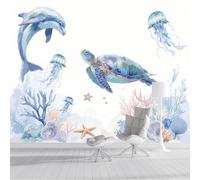 Papier Peint 3D Effet Panoramique Photo Muraux 300X210Cm, Poster Mural Animaux Marins À L'Aquarelle Tortues Marines Dauphins Méduses Geant Mural Salon Chambre D'Enfants Décoration Murale, Bleu