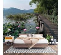 Papier Peint 3D Effet Panoramique Photo Muraux 400x280 cm, Poster Intissé Mural Nature Pont de Bois éTang de Lotus Geant Mural Salon Chambre D'enfants Restaurant Décoration Murale, Paysage