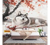 Papier Peint 3D Effet Panoramique Photo Muraux 450x315 cmm, Poster Intissé Mural Chiens de TraîNeau Et Feuilles D'éRable Geant Mural Salon Chambre D'enfants Restaurant Décoration Murale, Style D'Encre