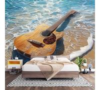 Papier Peint 3D Effet Panoramique Photo Muraux 450x315 cmm, Poster Intissé Mural Guitare Ocean Beach Geant Mural Salon Chambre D'enfants Restaurant Décoration Murale, Couleur Du Bois