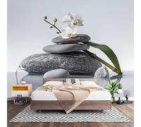 Papier Peint 3D Effet Panoramique Photo Muraux 450x315 cmm, Poster Intissé Mural Tas de Pierres de Fleurs de Magnolia Blanc Geant Mural Salon Chambre D'enfants Restaurant Décoration Murale, gris