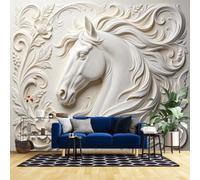 Papier Peint 3D En Relief Avec Motif De Cheval Pour Chambre À Coucher 40X28 Pouces Fresque Murale Majestueuse Représentant Un Cheval Et Des Fleurs En Relief Blanc Crème Décoration Murale Artisti