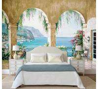 Papier Peint 3D En Trois Dimensions Balcon Arcade Paysages Vues Sur La Mer | Facile à Installer Cette Décoration Luxueuse Est Idéale Pour un Bureau Salon une Chambre ou Mur Derrière le TV-200cm×140cm