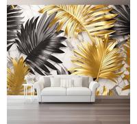 Papier Peint 3D Feuille de palmier Texture marbrée 350 x 256 cm Panoramique Peinture Murale Interieur pour Salon Chambre à Coucher D'Enfant Maison Décoration Murale Or Noir
