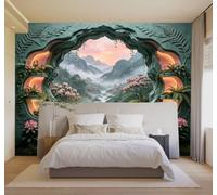 Papier peint 3D Fleurs Roses Rivière Montagnes Fenêtre En Arc De Pierre | Textures Décoratives et Luxueuses Idéales Pour Les Bureaux Espaces de Travail Maisons Chambres Salons et Murs Tv-400cm×280cm