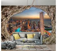 Papier Peint 3D Grotte Mur De Pierre Vue Nocturne De La Ville Restaurant | Facile à Installer Cette Décoration Luxueuse Est Idéale Pour un Bureau Salon une Chambre ou Mur Derrière le TV-300cm×210cm