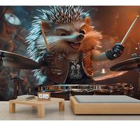 Papier peint 3D Hérisson DJ - Motif animaux du rocher - Décoration murale musicale pour chambre d'enfant, salon, canapé, arrière-plan TV - 250 x 175 cm