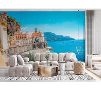 Papier Peint 3D Intissé Côte Amalfitaine 350x256 cm Fresque Murale Impression HD Effet Relief Ville Balnéaire Méditerranéenne Décoration Murale Moderne pour Salon Chambre Bureau Sans Cadre 14A-8