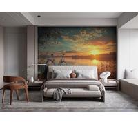 Papier Peint 3D Intissé Coucher De Soleil 250x175 cm Fresque Murale Impression HD Effet Relief Bord Du Lac, Vélos, Paysages Décoration Murale Moderne pour Salon Chambre Bureau Sans Cadre 14A-6