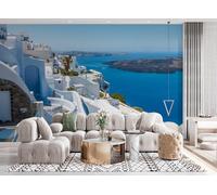 Papier Peint 3D Intissé Maison Blanche De Santorin 350x256 cm Fresque Murale Impression HD Effet Relief Mer Bleue Paysage Décoration Murale Moderne pour Salon Chambre Bureau Sans Cadre 14A-8
