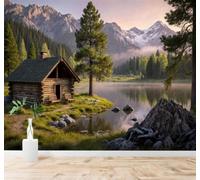 Papier Peint 3D Lac Montagne Enneigée Chalet Pinède Lever Du Soleil | Fresques Murales et Créatives Décoration D'intérieur Pour le Bureau Salon la Chambre Coucher Canapé Mural de Luxe-430cm×300cm