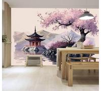Papier Peint 3D Lac Montagnes Cerisiers Fleurs Roses Architecture Paysage | Autocollants Décoratifs Haut de Gamme Adaptés à Tous les Murs Des Restaurants Canapés Salons et Chambres Coucher-150cm×105cm