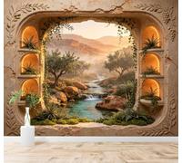 Papier peint 3D Lever De Soleil Montagnes Rivière Fenêtre En Arc De Pierre | Textures Décoratives et Luxueuses Idéales Pour Les Bureaux Espaces de Travail Maisons Chambres Salons et Murs Tv-430cm×300cm