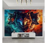 Papier peint 3D loup pour chambre à coucher - Peinture murale colorée à trois loups - Peinture murale fantastique - Étanche - Pour salon, salle à manger, bureau - 350 x 256 cm