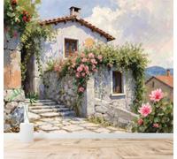 Papier Peint 3D Maison En Pierre Fleurs Roses Lianes Montagnes Paysage | Fresques Murales et Créatives Décoration D'intérieur Pour le Bureau Salon la Chambre Coucher Canapé Mural de Luxe-430cm×300cm