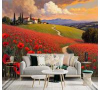 Papier Peint 3D Mer De Fleurs Rouges Sentier Maison Nuages Blancs Paysage | Fresques Murales et Créatives Décoration D'intérieur Pour le Bureau Salon la Chambre Coucher Canapé Mural de Luxe-250cm×170cm