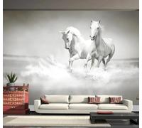 Papier Peint 3D Minimaliste En Relief Au Galop Cheval Blanc Rivière | Facile à Installer Cette Décoration Luxueuse Est Idéale Pour un Bureau Salon une Chambre ou Mur Derrière le TV-350cm×256cm