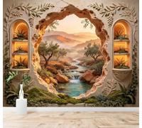 Papier peint 3D Montagnes Coucher De Soleil Rivière Fenêtre En Arc Pierre | Textures Décoratives et Luxueuses Idéales Pour Les Bureaux Espaces de Travail Maisons Chambres Salons et Murs Tv-250cm×170cm