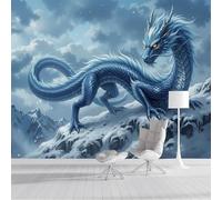 Papier Peint 3D Montagnes Enneigées Dragon, Papier Peint Panoramique Paysage Animalier Chinois Bleu-Gris Pour Salon Chambre Bureau Couloir Arrière-Plan Tv, Décoration Murale 3D, 400X280Cm (L X H)