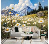 Papier peint 3D Montagnes Enneigées Nuages Blancs Champs De Fleurs Pinède | Textures Décoratives et Luxueuses Idéales Pour Les Bureaux Espaces de Travail Maisons Chambres Salons et Murs Tv-150cm×105cm