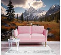 Papier Peint 3D Montagnes Enneigées Rivières Automne Forêt De Pins Paysage | Fresques Murales et Créatives Décoration D'intérieur Pour le Bureau Salon la Chambre Coucher Canapé Mural de Luxe-400cm×280cm