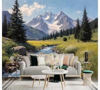 Papier Peint 3D Montagnes Enneigées Rivières Hautes Montagnes Forêts Pins | Une Texture Soyeuse et Luxueuse Intissé Idéale Pour la Salle à Manger le Salon Chambre Bureau Canapé Mur Derrière-250cm×170cm