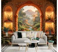 Papier peint 3D Montagnes Forêts Rivières Fenêtres En Arc De Pierre | Textures Décoratives et Luxueuses Idéales Pour Les Bureaux Espaces de Travail Maisons Chambres Salons et Murs Tv-350cm×256cm