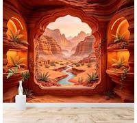Papier peint 3D Montagnes Gorges Rivières Fenêtres En Arc De Pierre | Textures Décoratives et Luxueuses Idéales Pour Les Bureaux Espaces de Travail Maisons Chambres Salons et Murs Tv-350cm×256cm