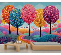 Papier peint 3D motif cœur arbre amour collines colorées papier peint paysage fantastique papier peint mignon pour chambre d'enfant peintures murales ne se décolle pas et ne colle pas 500 x 317 cm