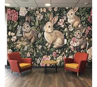 Papier Peint 3D Motif Lapin, Motifs Répétitifs de Lapins avec Herbes et Fleurs en Vert Sauge Assourdi, Rose Poussiéreux & Crème, Papier Peint pour Chambre à Coucher Salon