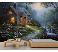 Papier peint 3D motif maison de campagne, paysage rustique, ruisseau de forêt pour salon, chambre à coucher, arrière-plan TV, décoration de bureau - 150 x 100 cm