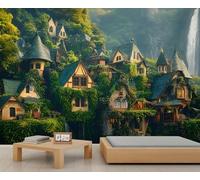 Papier peint 3D motif village de contes de fées, décoration murale de maison fantastique, paysages magiques pour salon, chambre à coucher, bureau, hôtel, bar, décoration de plafond - 250 x 175 cm