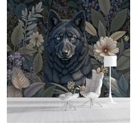 Papier Peint 3D Noir Vert Feuilles,Fleurs,Loup 200X140Cm Poster Geant Mural Panoramique Peinture Murale Interieur Animaux De Mandydescher Pour Salon Chambre À Coucher D'Enfant Maison Décoration