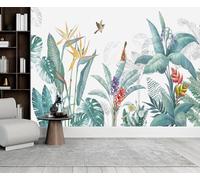 Papier peint 3D Panorama Jungle Soie Verte Plante Tropicale Nature Tableau Mural Panorama Oiseaux Fleurs pour Salon Chambre d'Adultes Chambre d'Enfants Décoration Restaurant, 200cm x 140cm