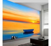 Papier Peint 3D Panoramique Barque Mer Coucher Soleil 200 x 140 CM (L x H) Intissé Murale pour Salon Chambre Restaurant Couloir TV Fond Décor Mural, Jaune