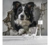 Papier Peint 3D Panoramique Chien De Berger 3D Marchant À Travers Un Trou Dans Le Mur Papier Peint Poster, Portrait D'Animal Muraux Photo, Noir Revêtement Murales Pour Salon Couloir Mural 250x175cm